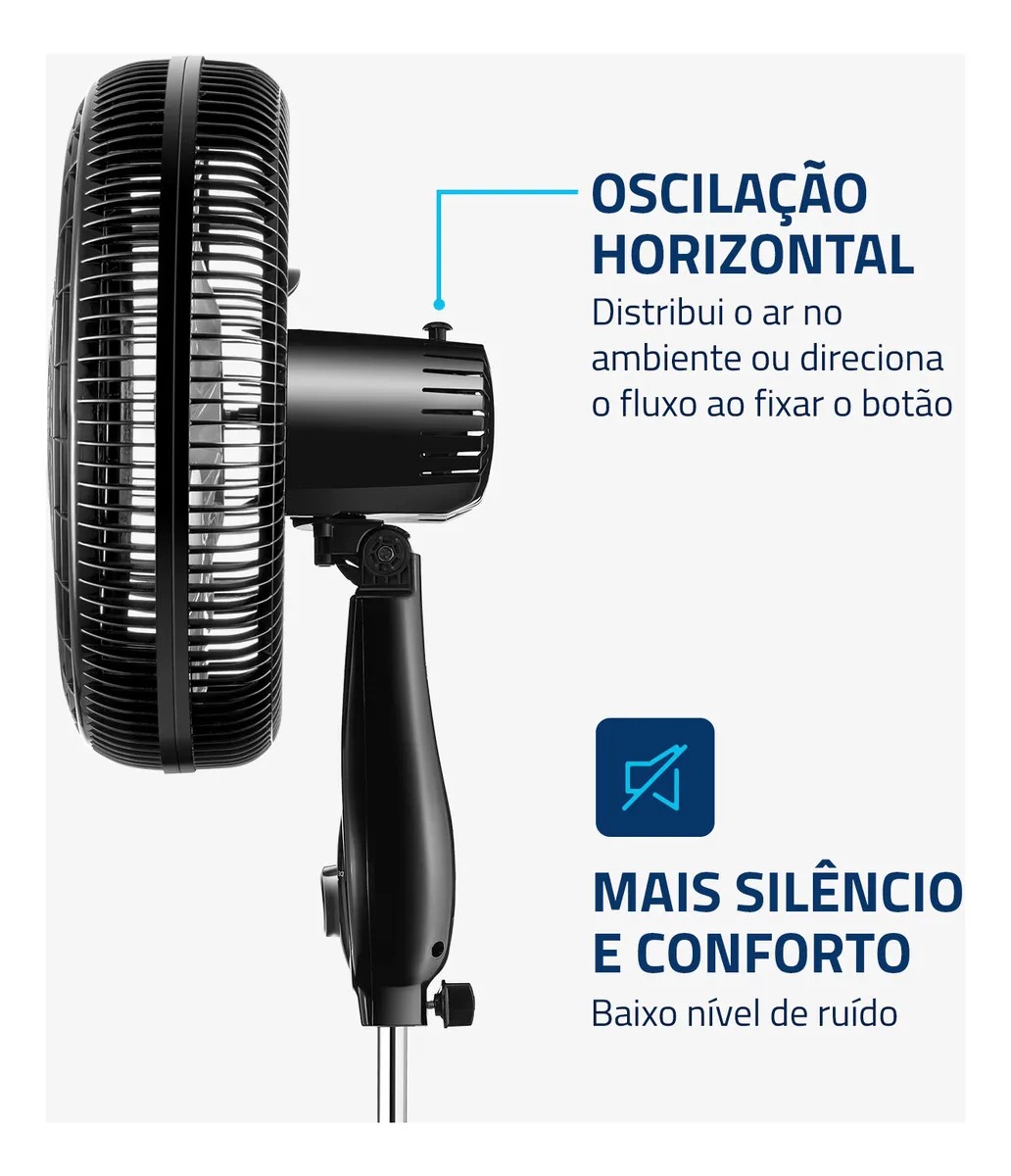Oscilação horizontal com botão para fixar, mais silêncio e conforto